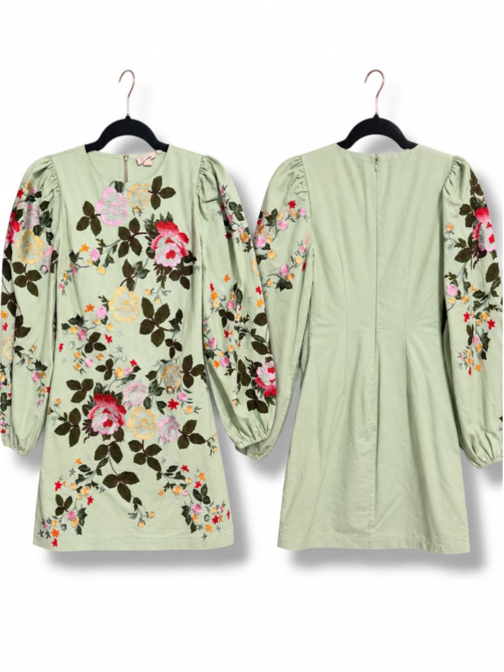 Anthropologie Let Me Be Long-Sleeve Embroidered Mini Dress XXS Sage
